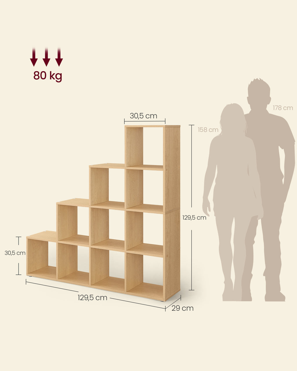 Bücherregal mit 10 Fächern 29 x 129,5 x 129,5 cm eichenbeige