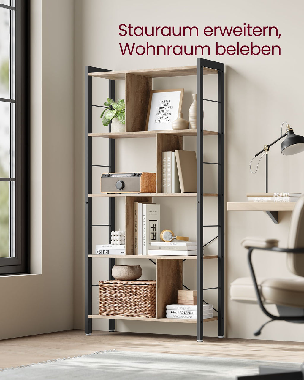 Regal mit 5 Ebenen und Metallgestell kamelbraun-tintenschwarz