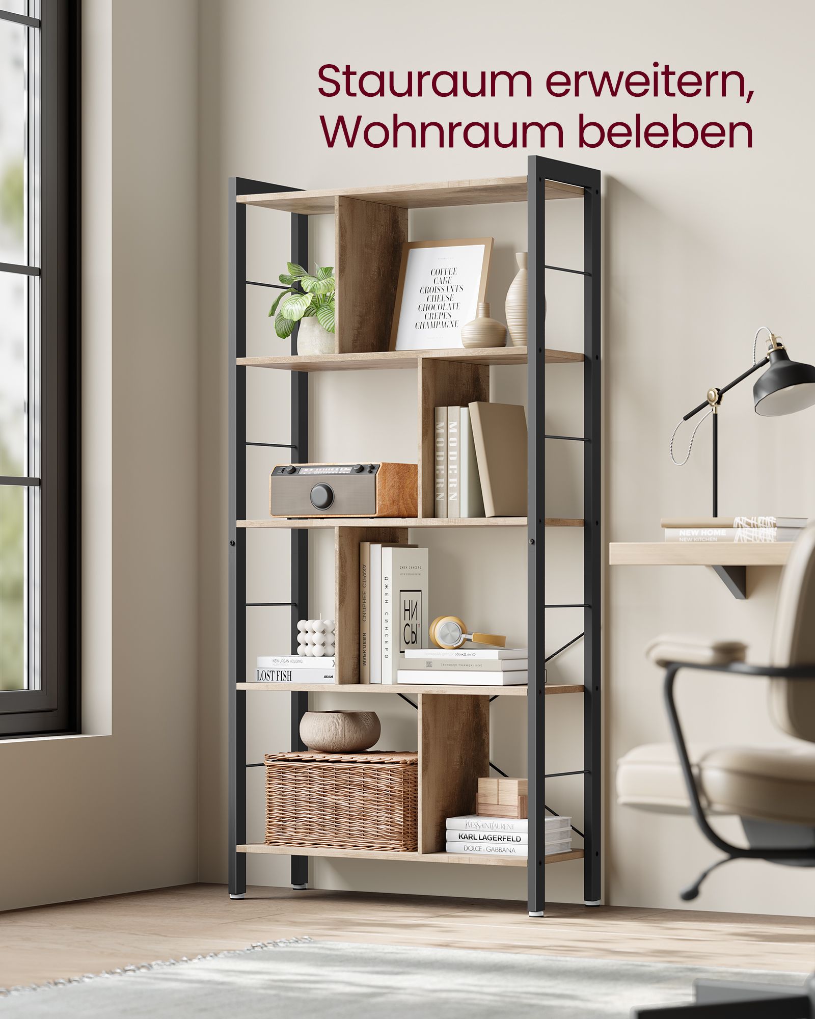 Regal mit 5 Ebenen und Metallgestell kamelbraun-tintenschwarz