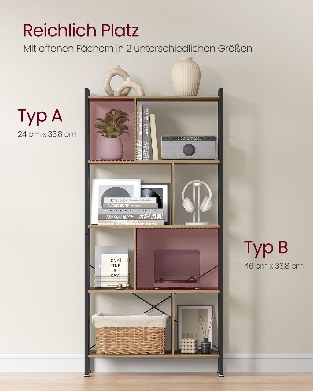 Regal mit 5 Ebenen und Metallgestell kamelbraun-tintenschwarz