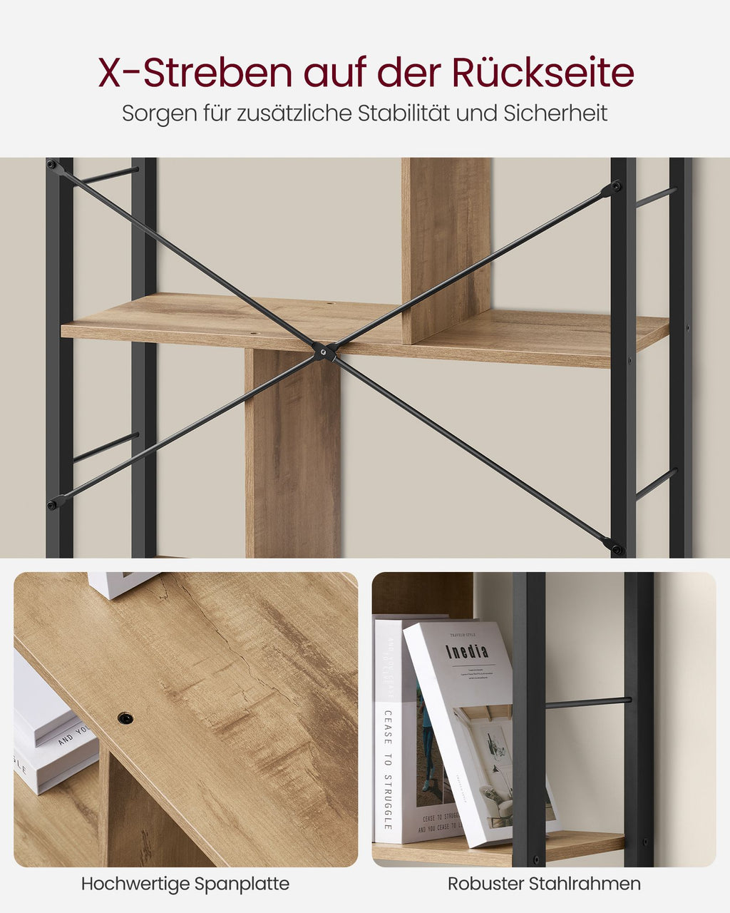 Regal mit 5 Ebenen und Metallgestell kamelbraun-tintenschwarz