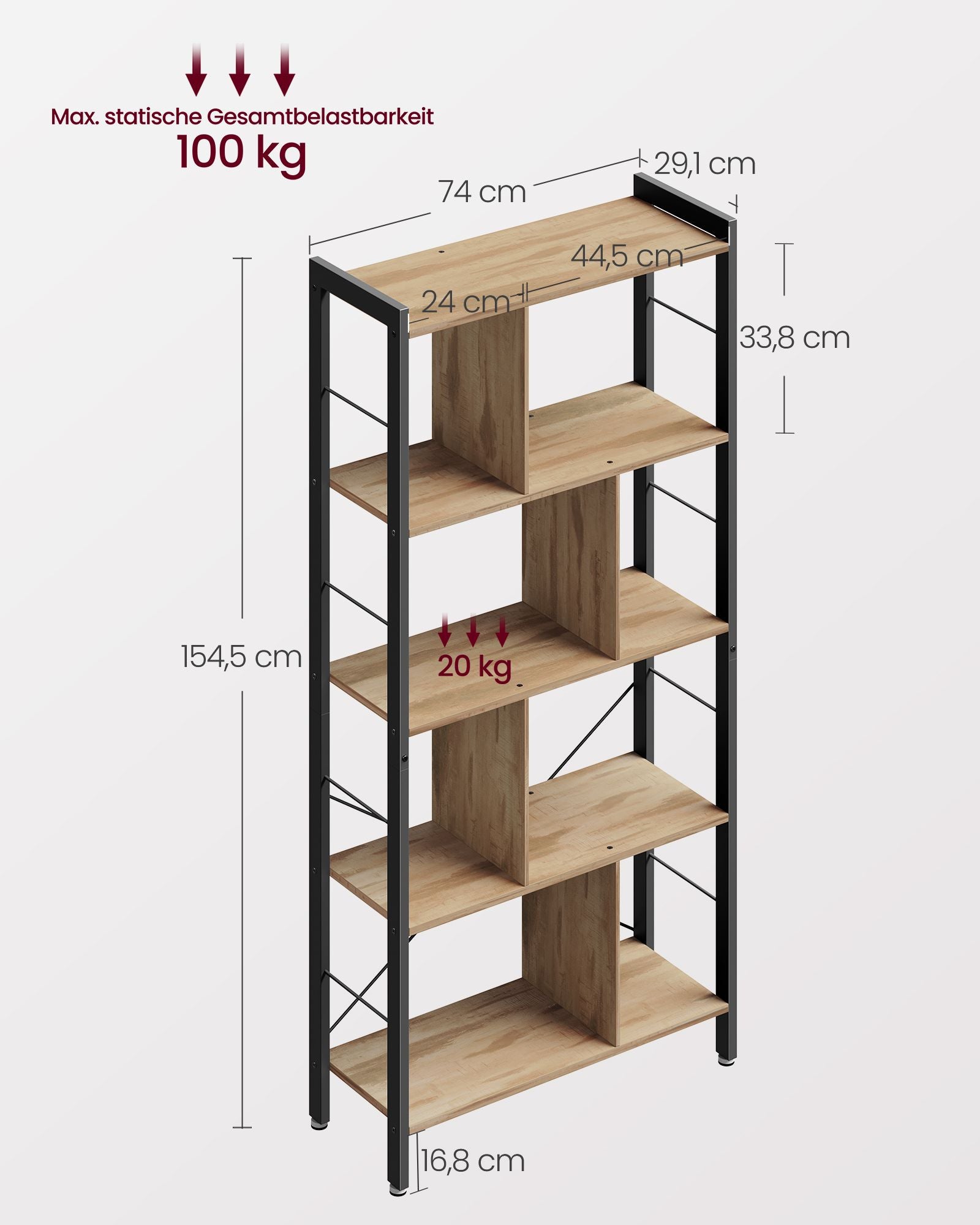 Regal mit 5 Ebenen und Metallgestell kamelbraun-tintenschwarz