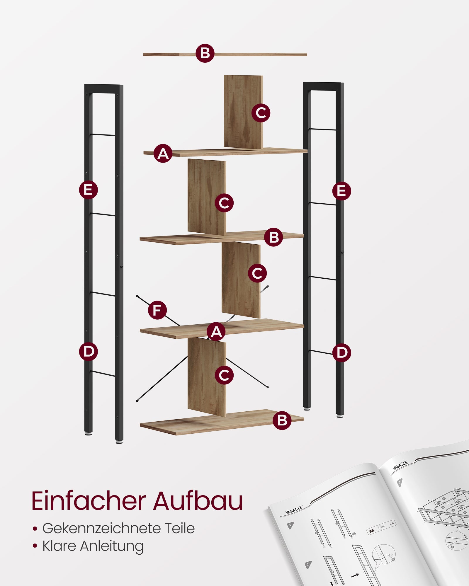 Regal mit 5 Ebenen und Metallgestell kamelbraun-tintenschwarz