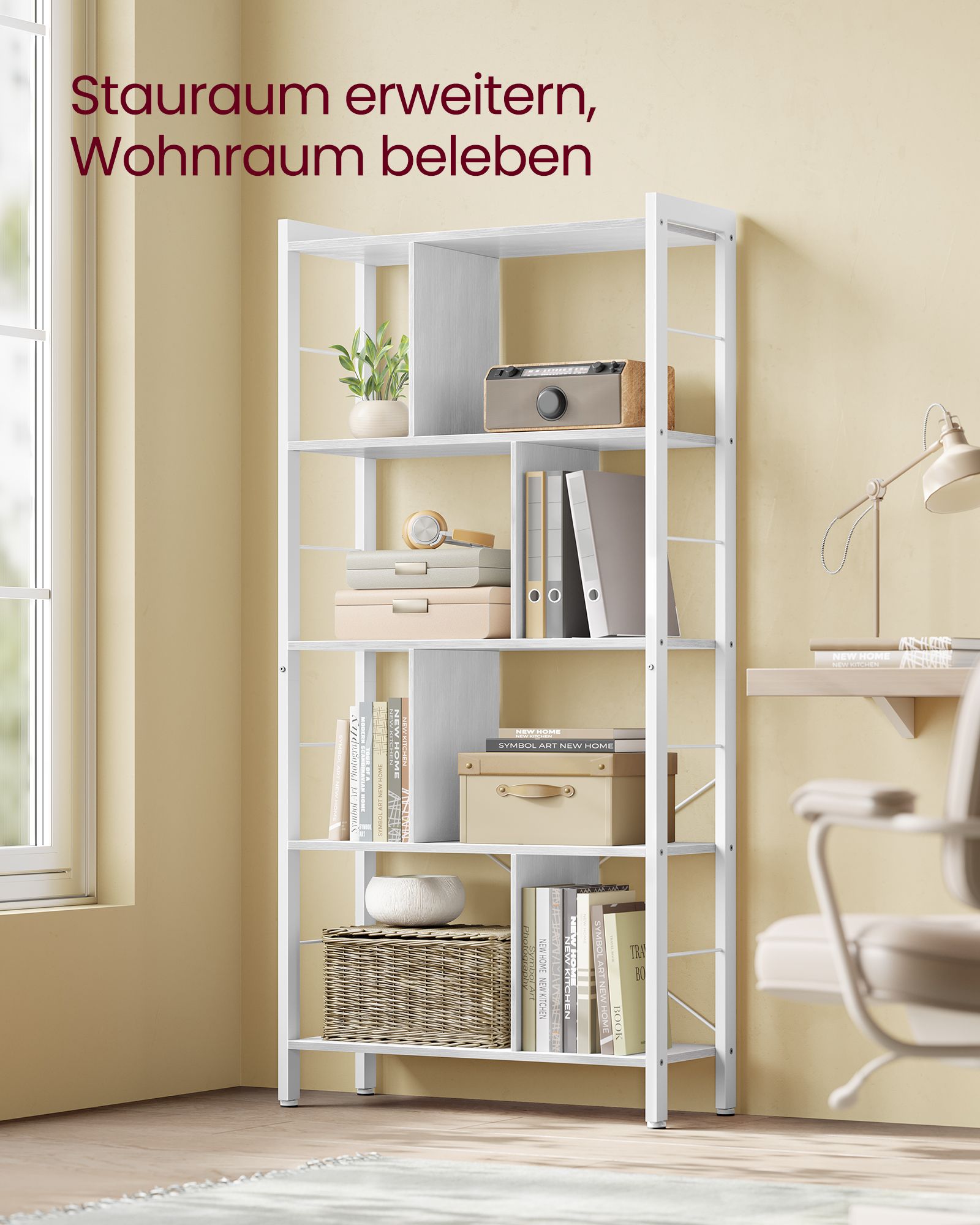 Regal mit 5 Ebenen und Metallgestell ahornweiß-wolkenweiß