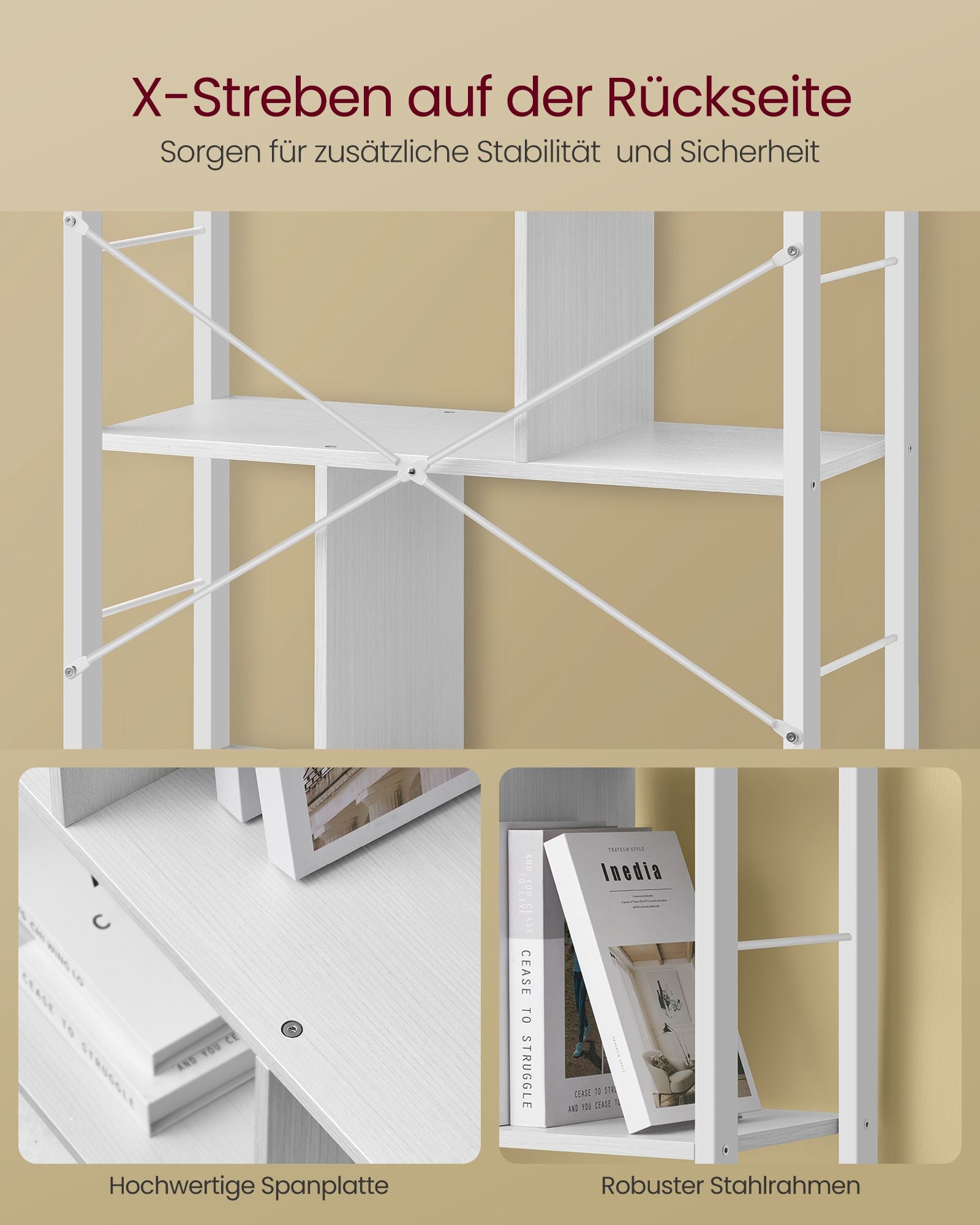 Regal mit 5 Ebenen und Metallgestell ahornweiß-wolkenweiß