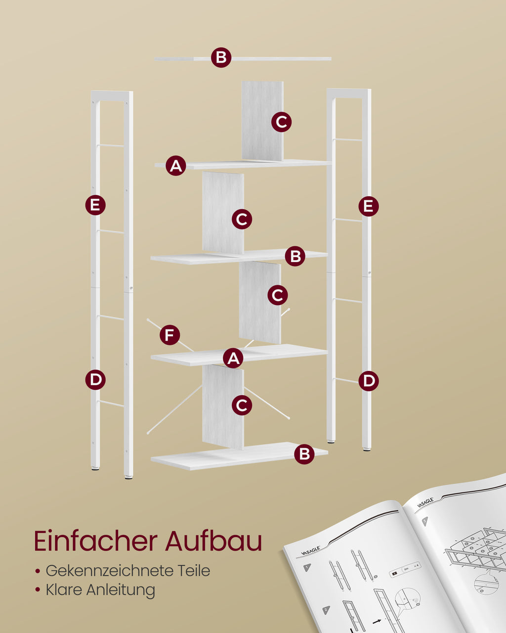 Regal mit 5 Ebenen und Metallgestell ahornweiß-wolkenweiß