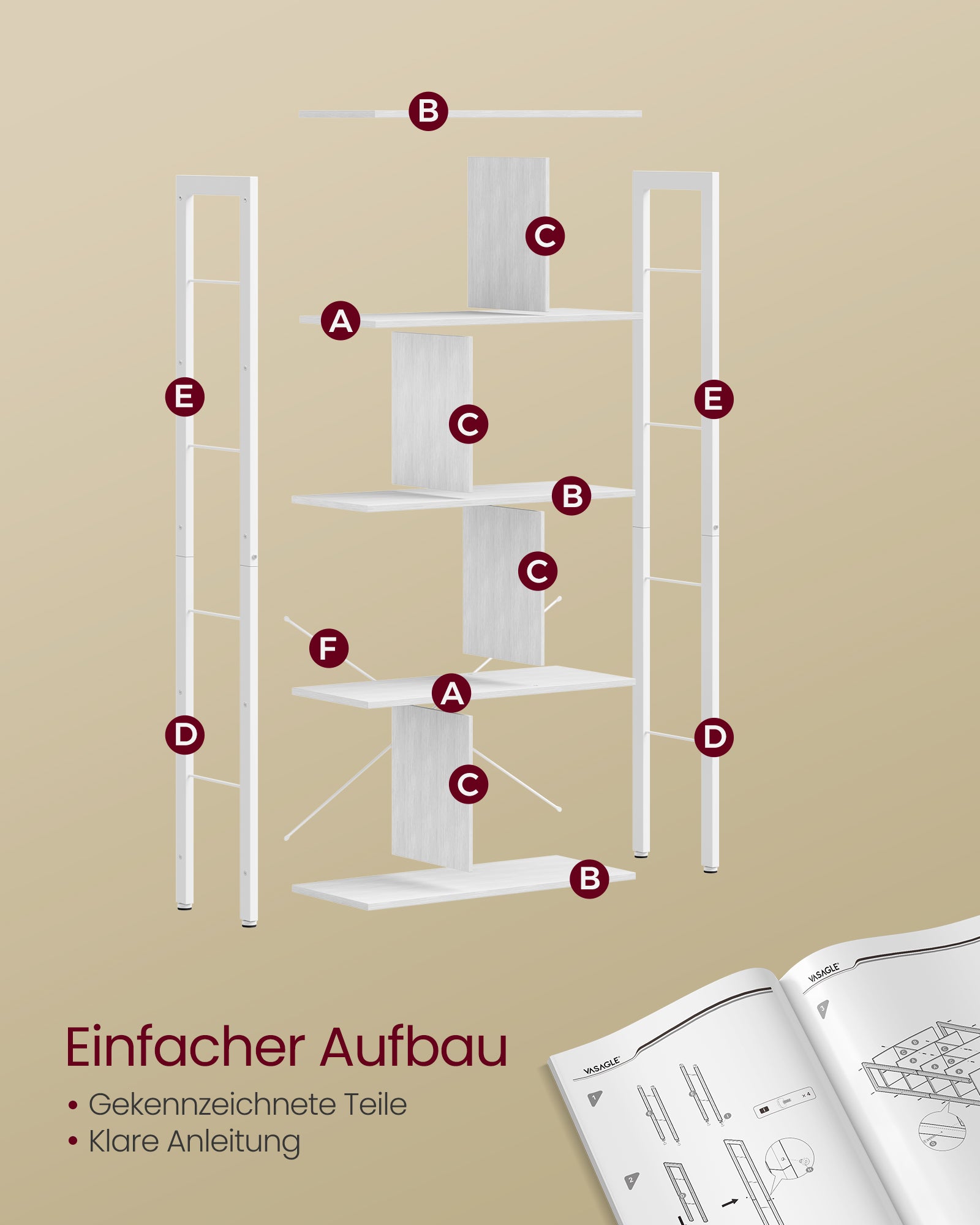 Regal mit 5 Ebenen und Metallgestell ahornweiß-wolkenweiß