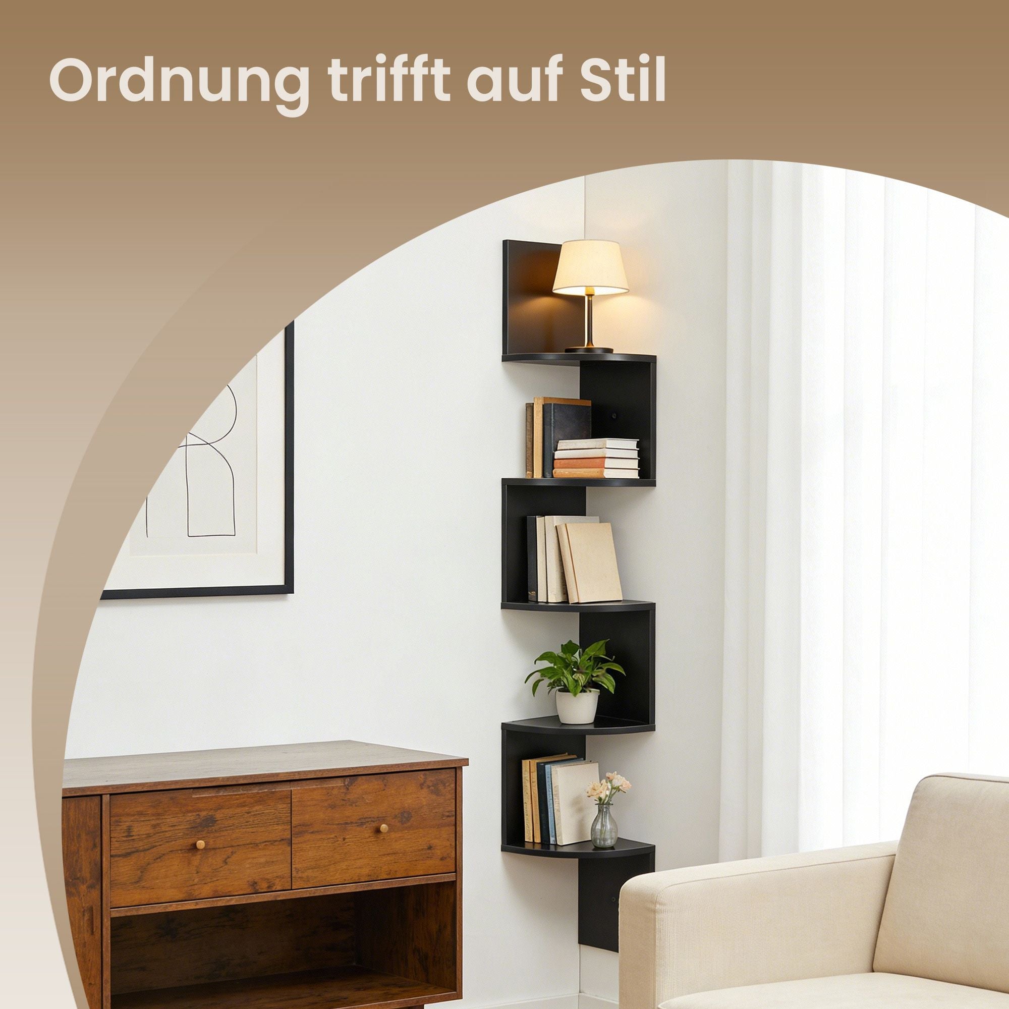 Eckregal, Wandregal 5 Ebenen, Schweberegal für Bücher