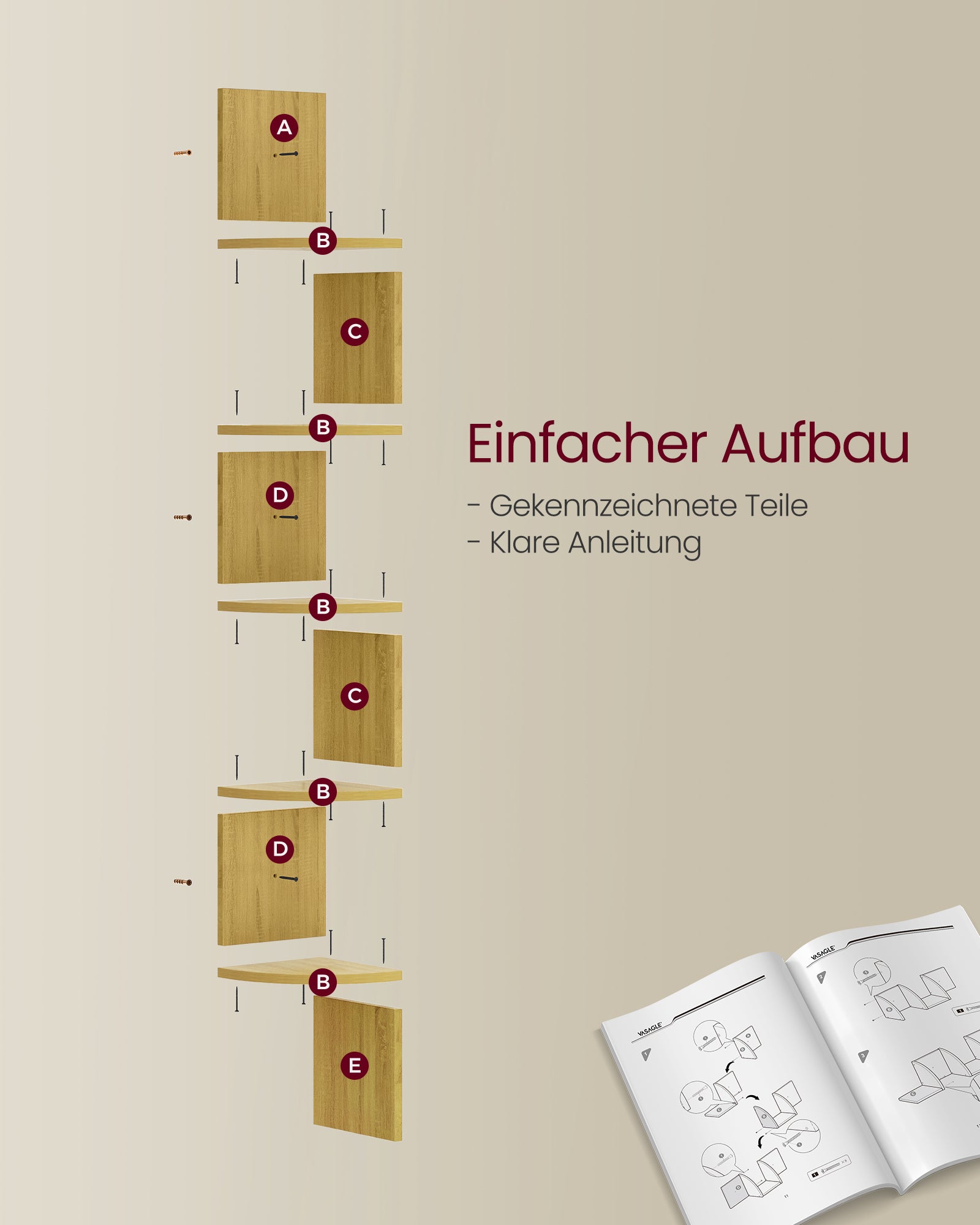 Wandregal mit 5 Ebenen für Bücher natureichenfarben