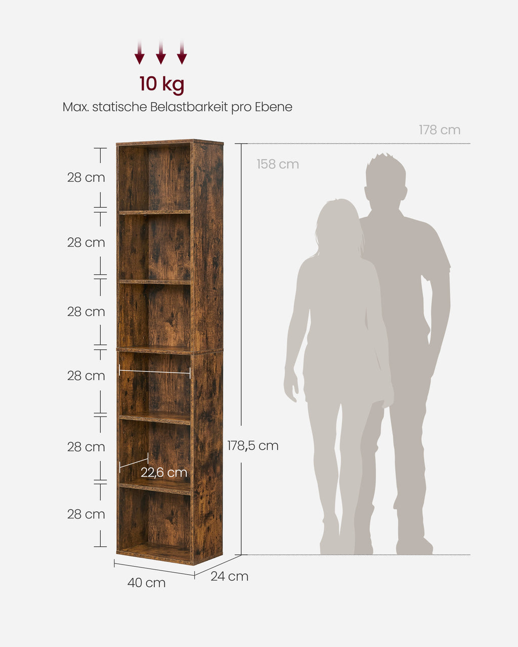 Bücherregal, mit 6 Ebenen 24 x 40 x 178,5 cm vintagebraun