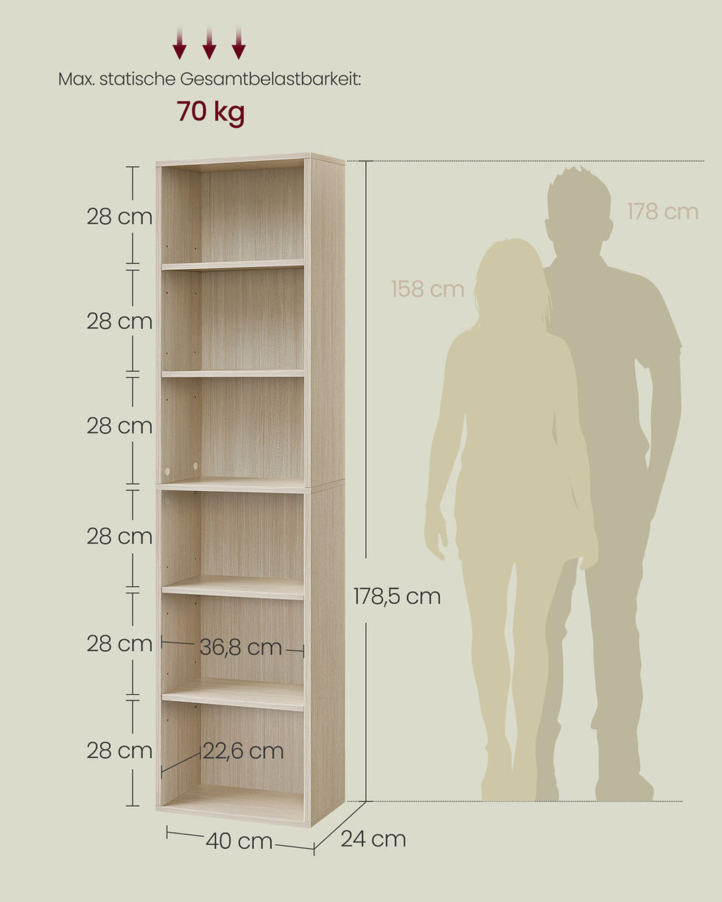 6-stöckiges Standregal 24 x 40 x 178,5 cm naturbeige