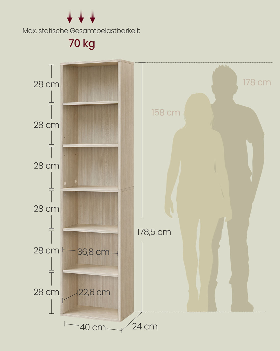 6-stöckiges Standregal 24 x 40 x 178,5 cm naturbeige