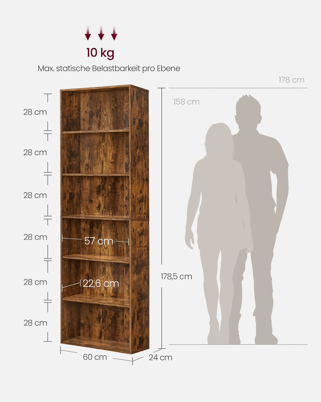 Bücherregal, mit 6 Ebenen 24 x 60 x 178,5 cm vintagebraun