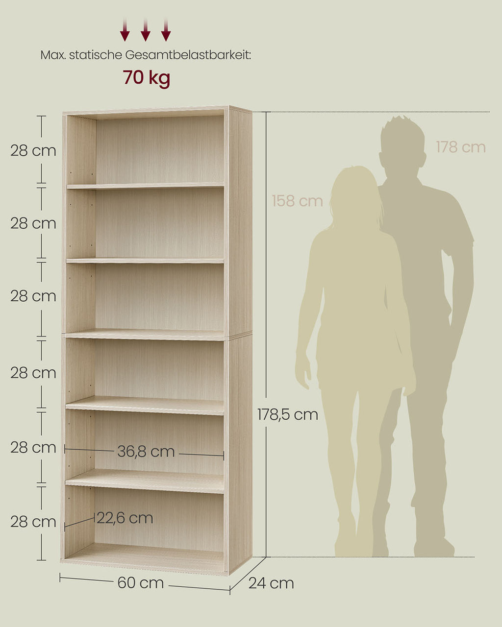 6-stöckiges Standregal 24 x 60 x 178,5 cm naturbeige