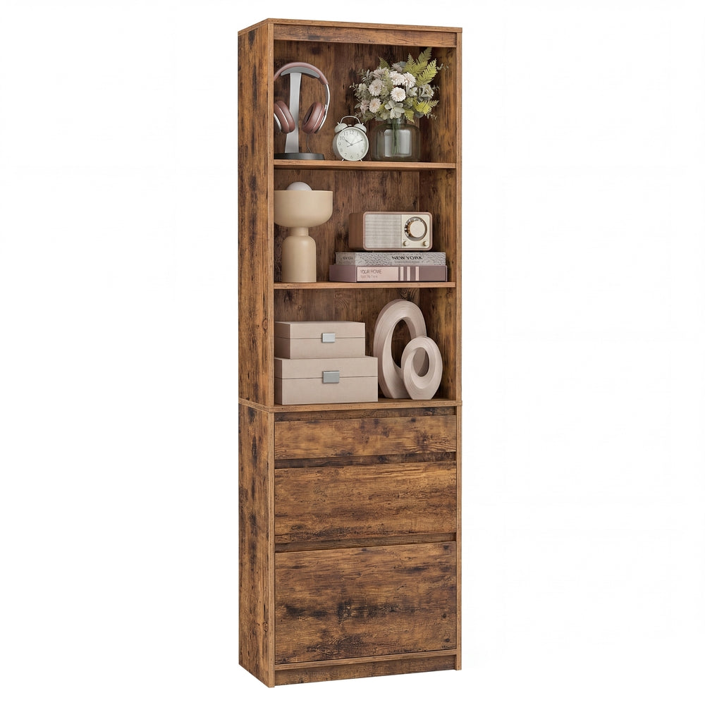 Kailyn Kollektion - Bücherregal, Hochschrank, 3 unterschiedlich große Schubladen, verstellbare Ablagen, Wohnzimmer Schlafzimmer Arbeitszimmer, modern, platzsparend, vintagebraun