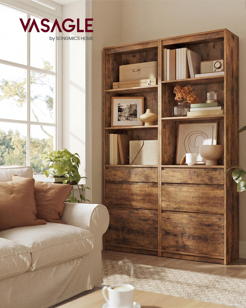Kailyn Kollektion - Bücherregal, Hochschrank, 3 unterschiedlich große Schubladen, verstellbare Ablagen, Wohnzimmer Schlafzimmer Arbeitszimmer, modern, platzsparend, vintagebraun