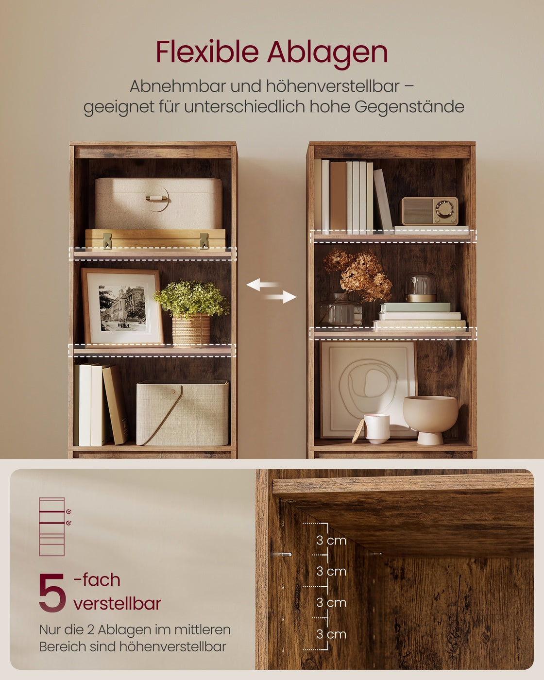 Kailyn Kollektion - Bücherregal, Hochschrank, 3 unterschiedlich große Schubladen, verstellbare Ablagen, Wohnzimmer Schlafzimmer Arbeitszimmer, modern, platzsparend, vintagebraun