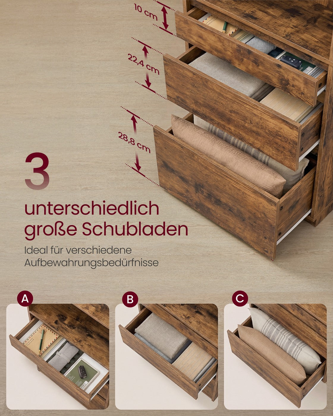 Kailyn Kollektion - Bücherregal, Hochschrank, 3 unterschiedlich große Schubladen, verstellbare Ablagen, Wohnzimmer Schlafzimmer Arbeitszimmer, modern, platzsparend, vintagebraun