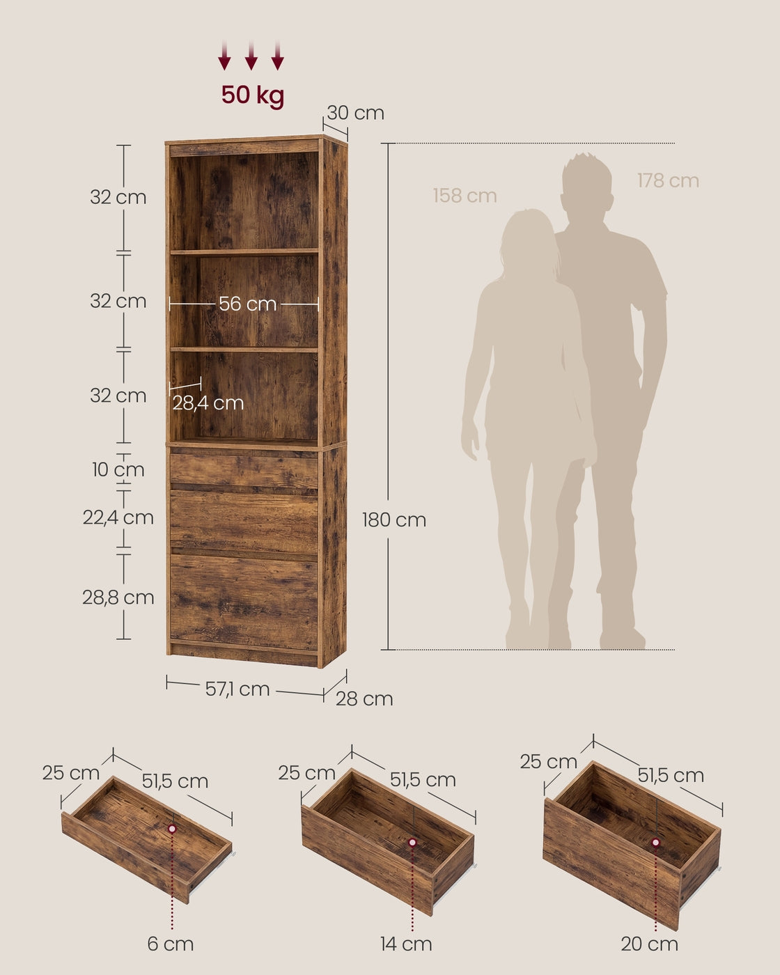 Kailyn Kollektion - Bücherregal, Hochschrank, 3 unterschiedlich große Schubladen, verstellbare Ablagen, Wohnzimmer Schlafzimmer Arbeitszimmer, modern, platzsparend, vintagebraun