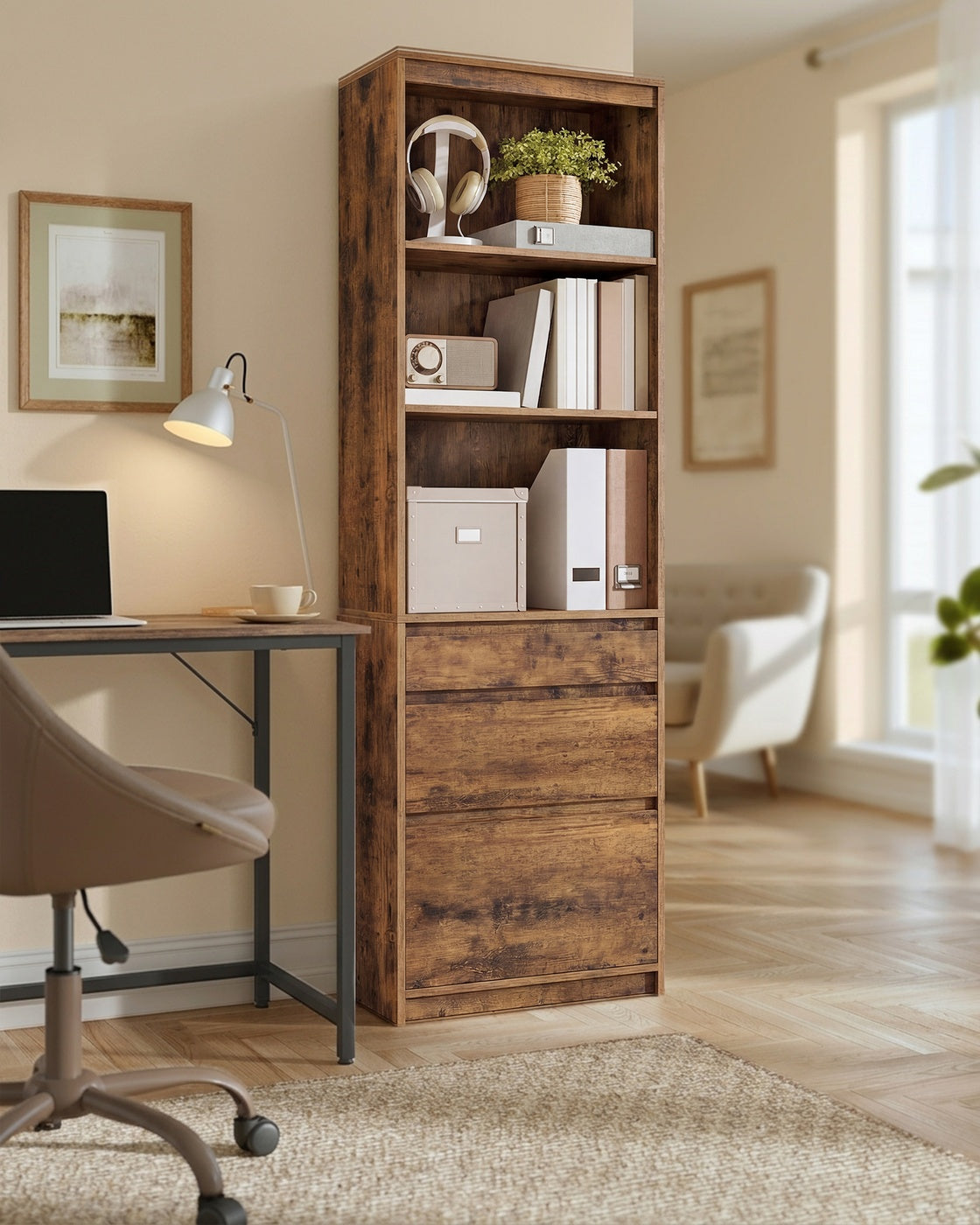 Kailyn Kollektion - Bücherregal, Hochschrank, 3 unterschiedlich große Schubladen, verstellbare Ablagen, Wohnzimmer Schlafzimmer Arbeitszimmer, modern, platzsparend, vintagebraun