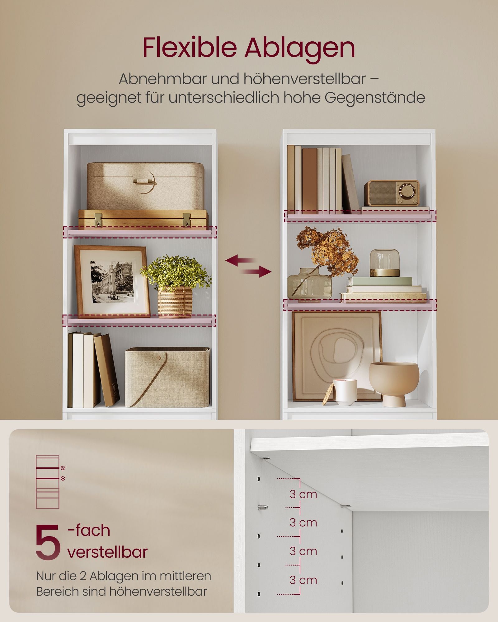 Bücherregal mit 3 unterschiedlich großen Schubladen schneeweiß