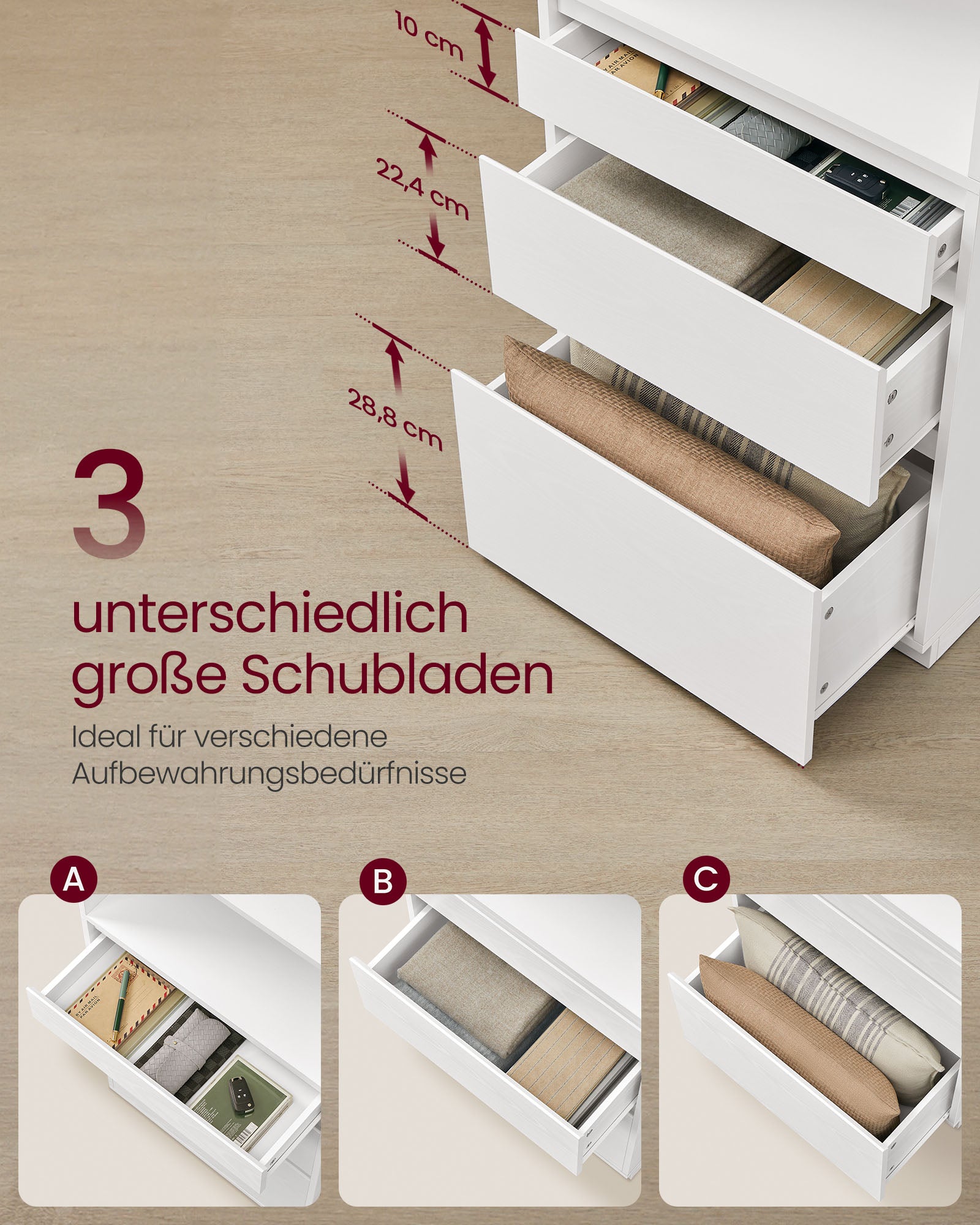 Bücherregal mit 3 unterschiedlich großen Schubladen schneeweiß