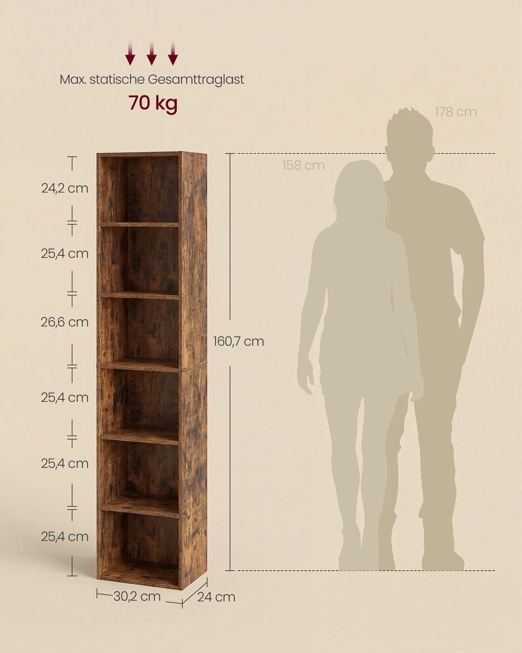 Bücherregal vintagebraun 6 Ebenen 24x30,2x160,7 cm