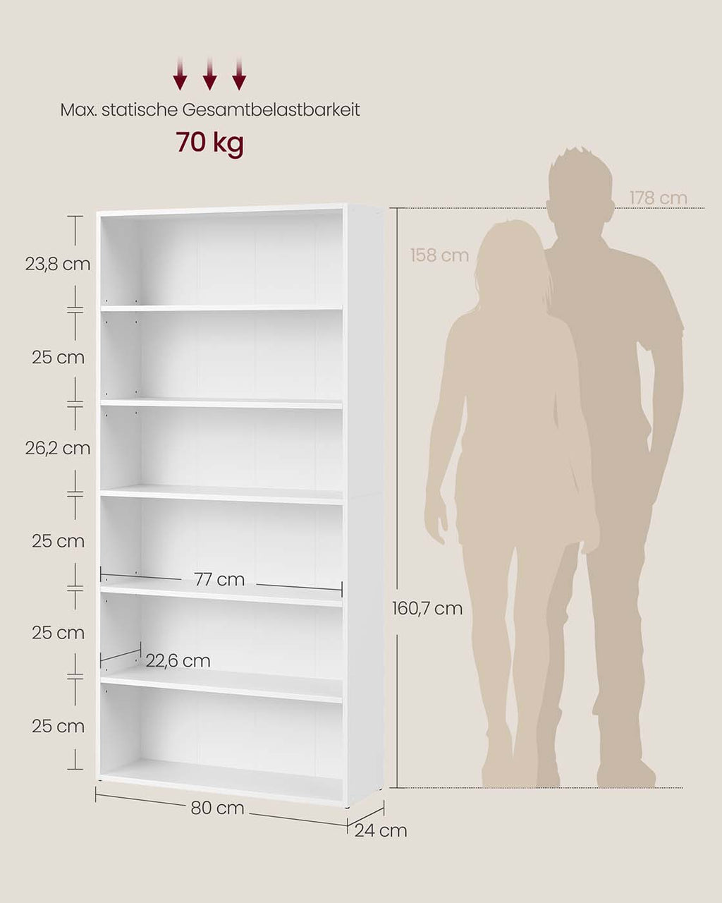 Bücherregal mit 6 offenen Fächern 24 x 80 x 160,7 cm wolkenweiß