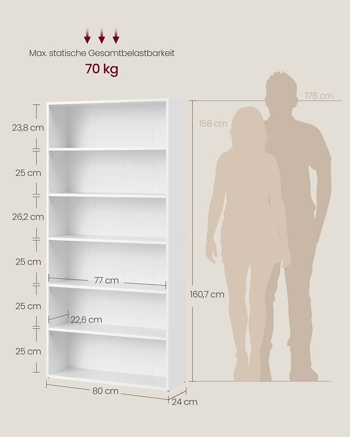 Bücherregal mit 6 offenen Fächern 24 x 80 x 160,7 cm wolkenweiß