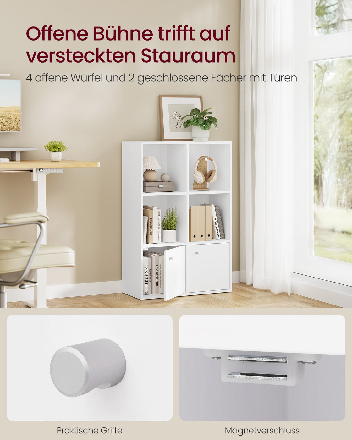 Bücherregal offen 3 Ebenen 2 Fächer mit Türen 29 × 65,8 × 97,8 cm wolkenweiß