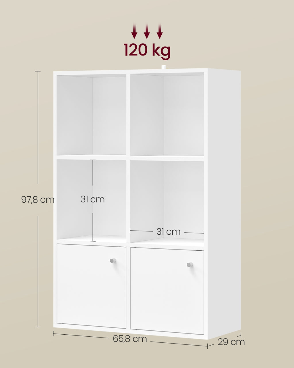 Bücherregal offen 3 Ebenen 2 Fächer mit Türen 29 × 65,8 × 97,8 cm wolkenweiß