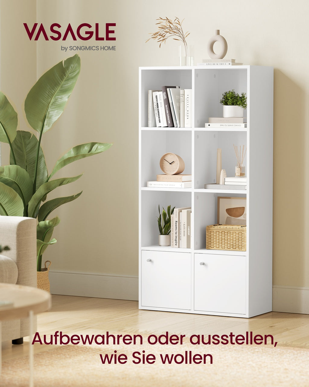 Bücherregal mit 4-stöckiges Regal und 2 Fächer mit Türen wolkenweiß