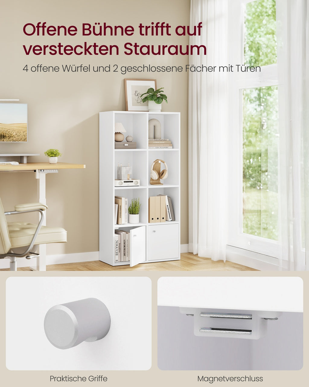 Bücherregal mit 4-stöckiges Regal und 2 Fächer mit Türen wolkenweiß