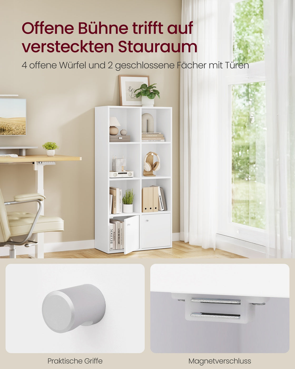 Bücherregal mit 4-stöckiges Regal und 2 Fächer mit Türen wolkenweiß