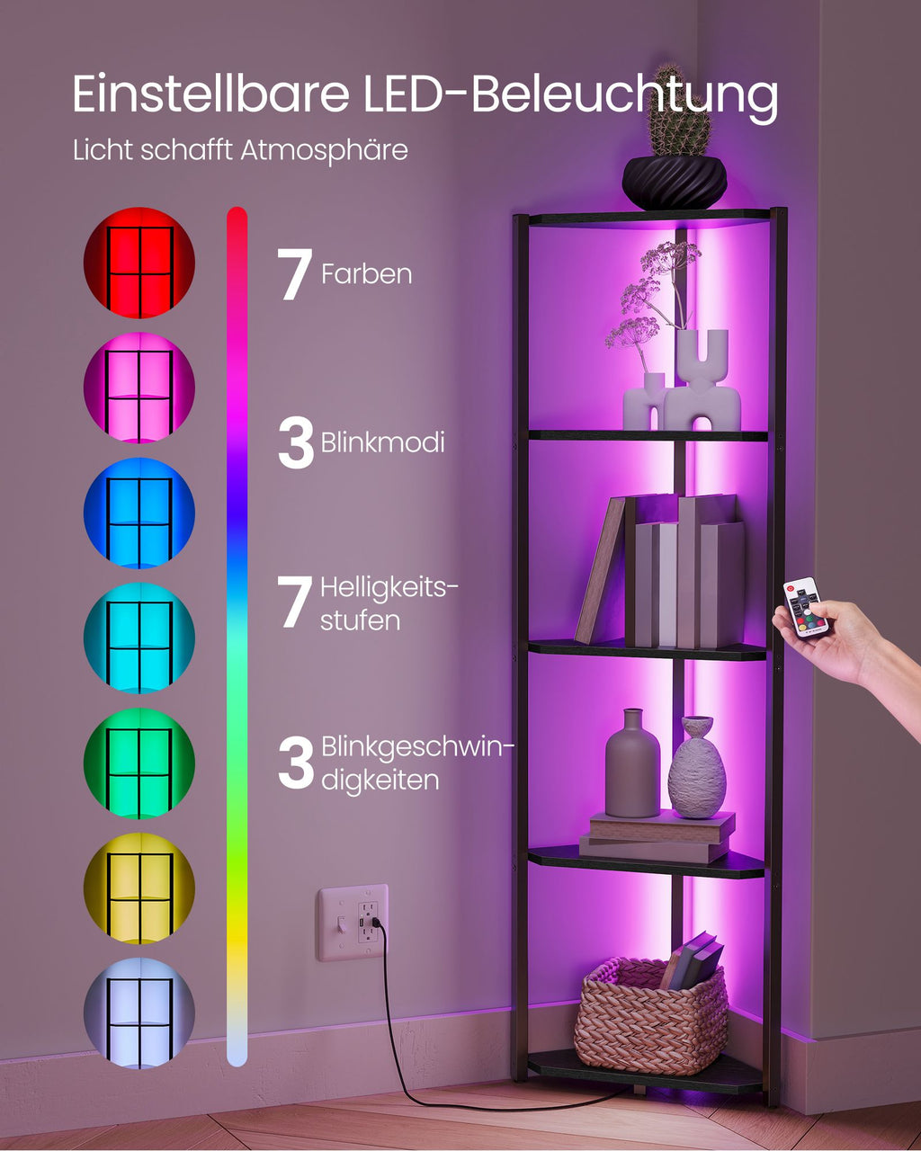 Eckregal mit 5 Ebenen und LED-Beleuchtung ebenholzschwarz