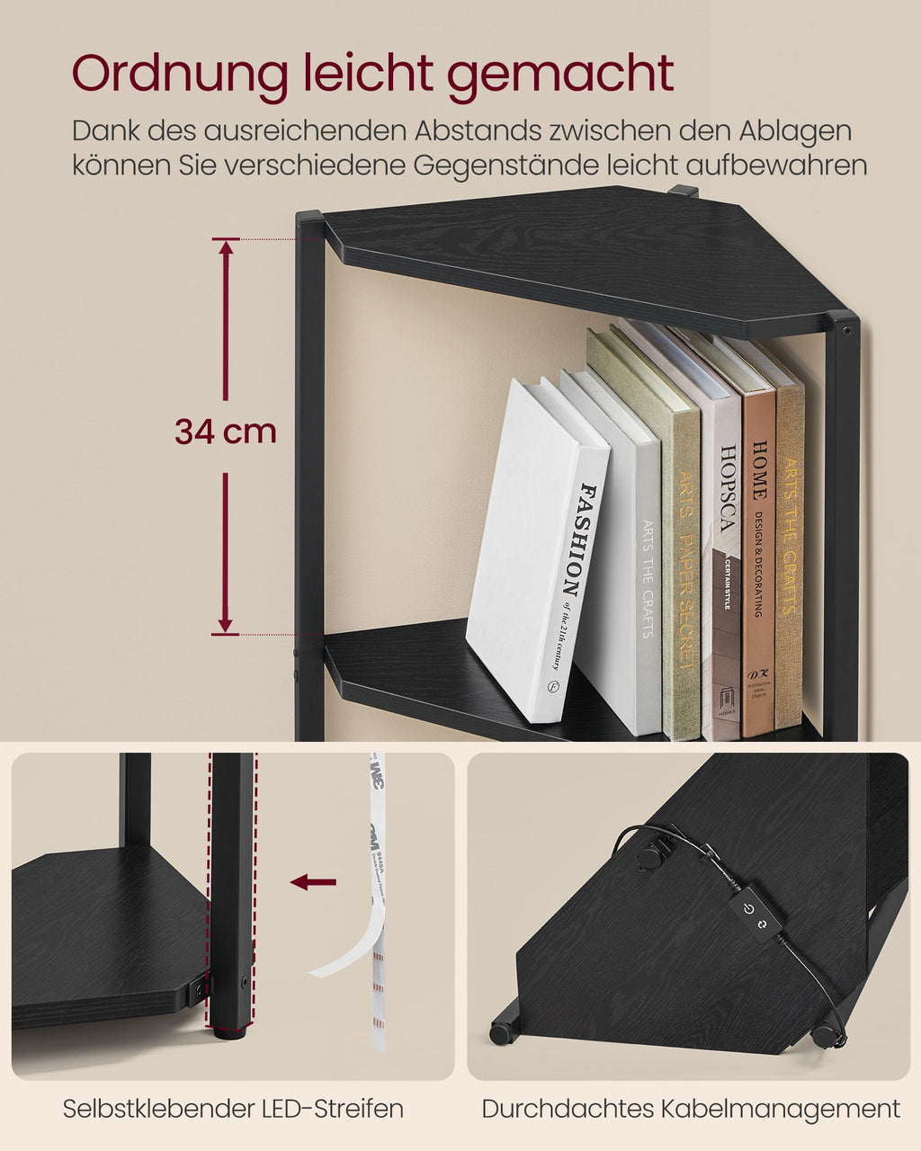 Eckregal mit 5 Ebenen und LED-Beleuchtung ebenholzschwarz