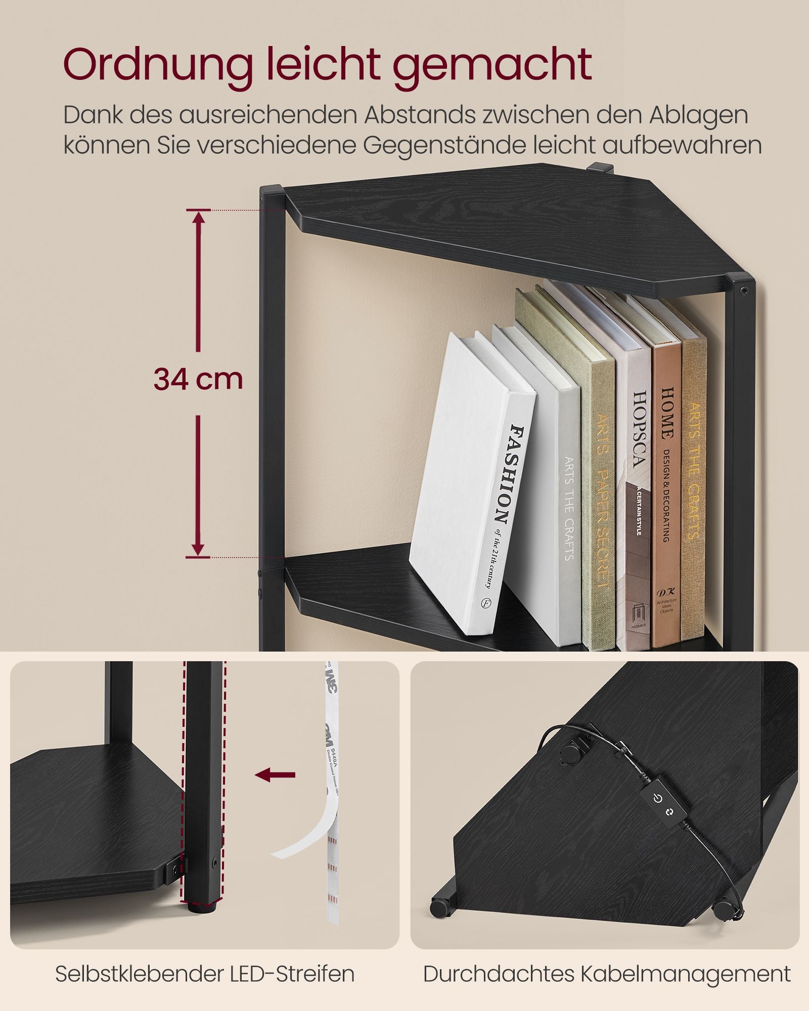 Eckregal mit 5 Ebenen und LED-Beleuchtung ebenholzschwarz