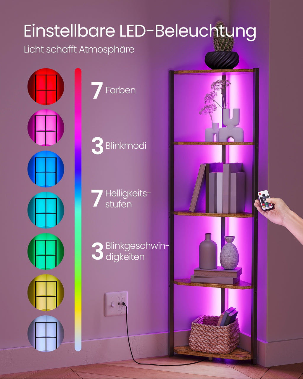 Eckregal mit 5 Ebenen und LED-Beleuchtung vintagebraun