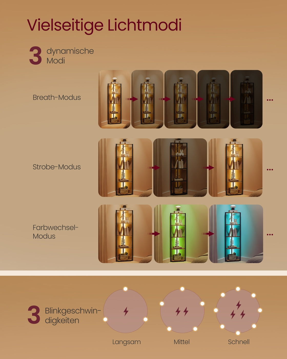 Eckregal mit 5 Ebenen und LED-Beleuchtung vintagebraun