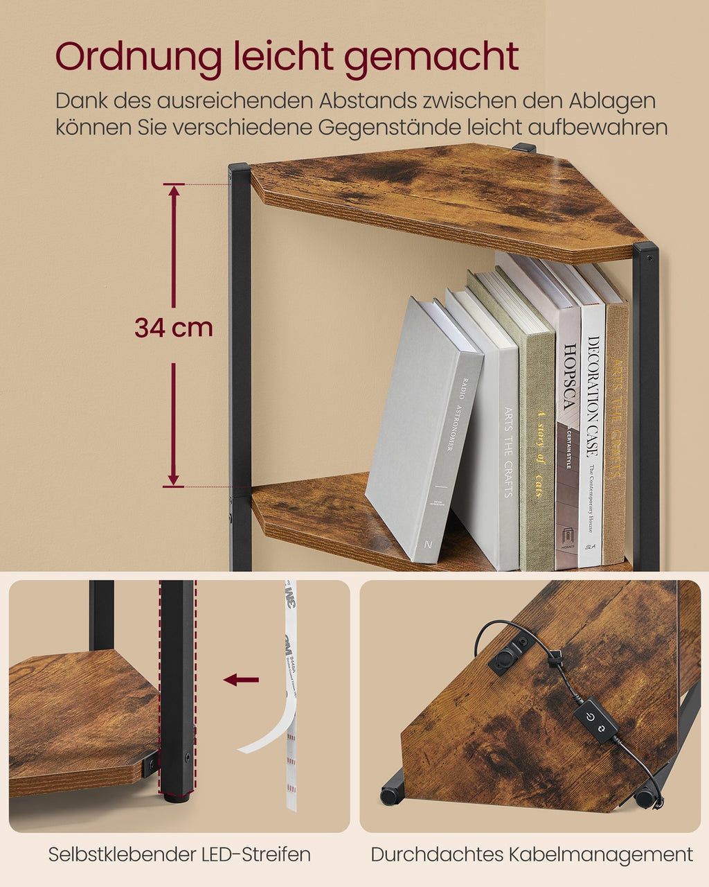 Eckregal mit 5 Ebenen und LED-Beleuchtung vintagebraun