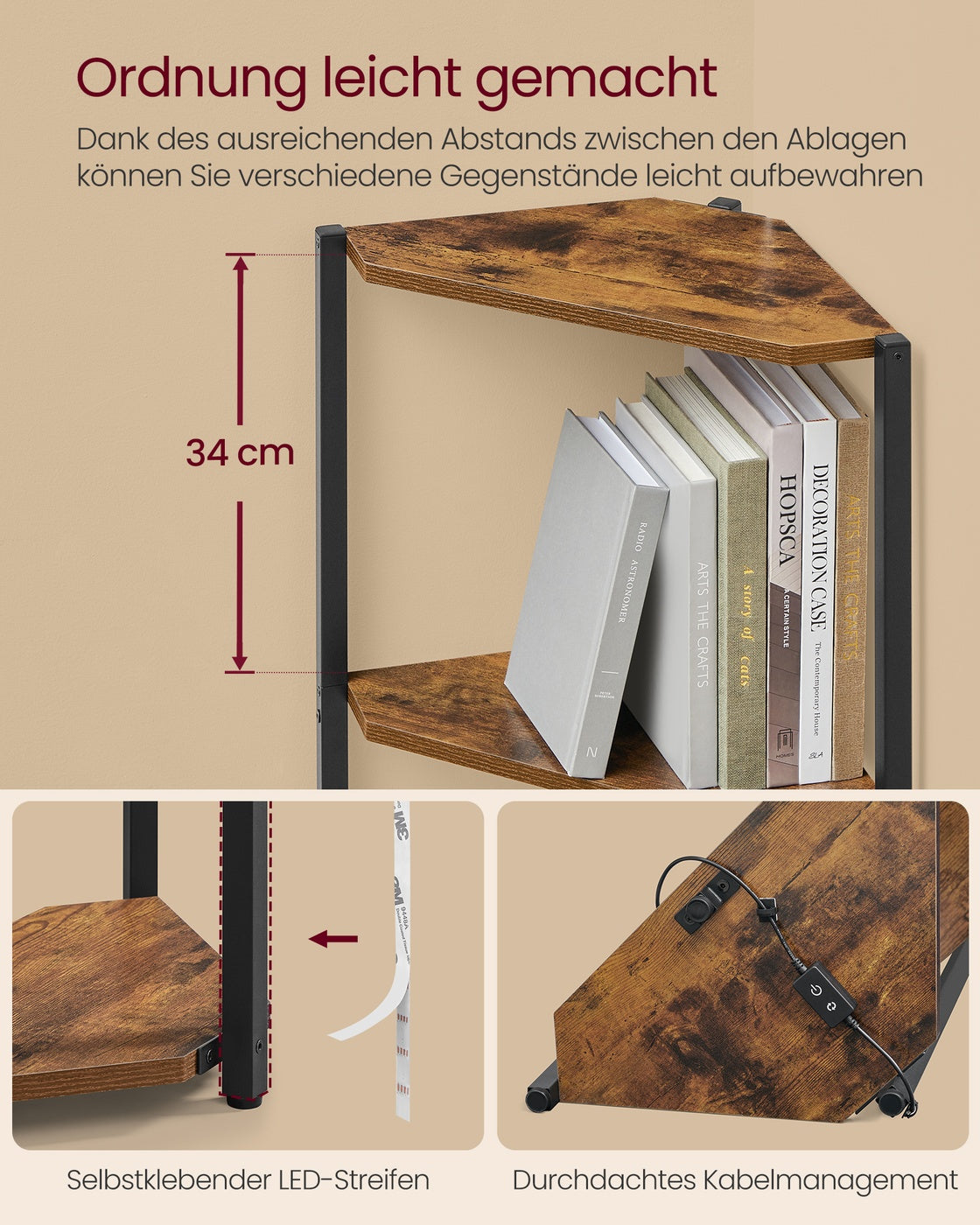 Eckregal mit 5 Ebenen und LED-Beleuchtung vintagebraun