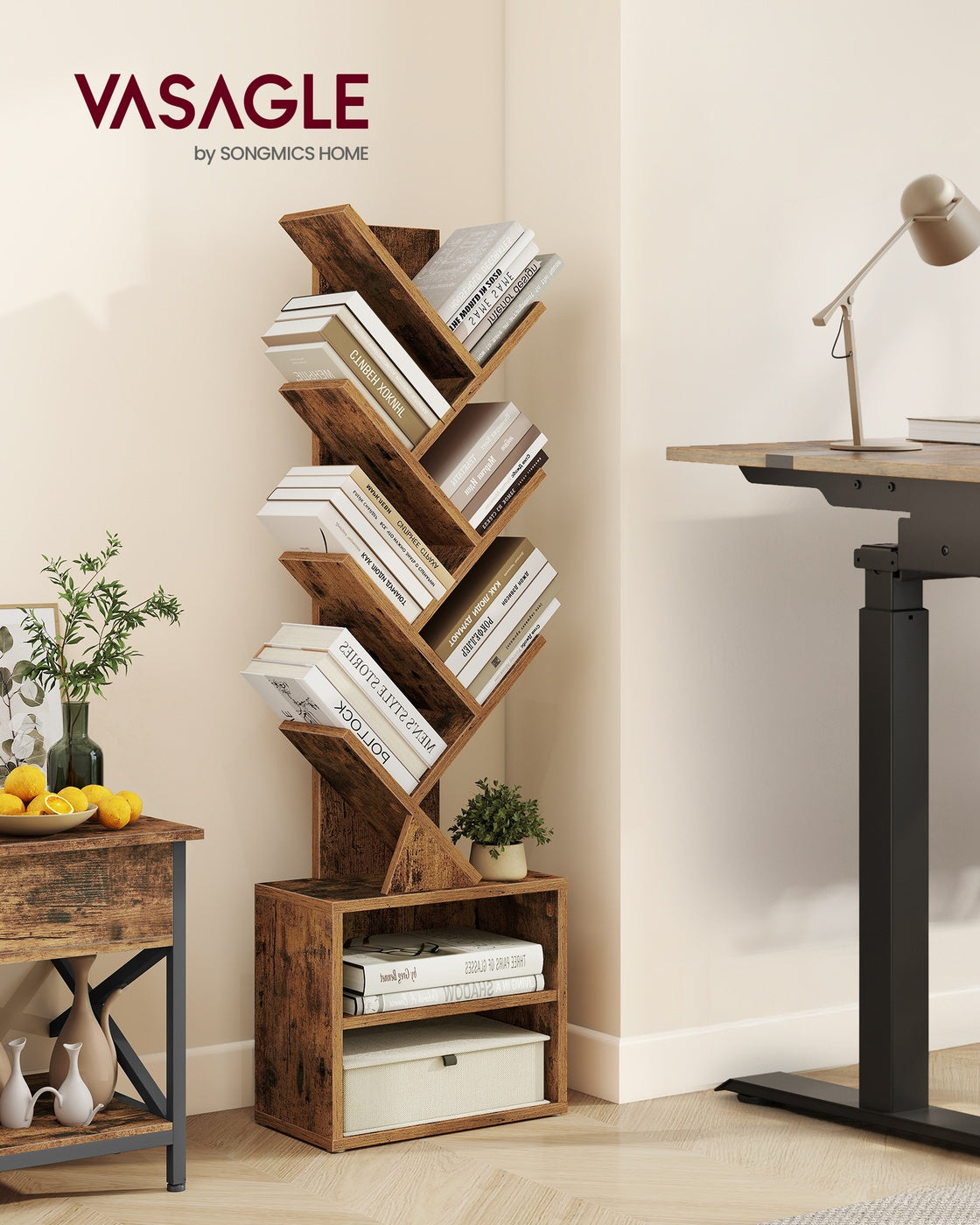 Custos Kollektion - Bücherregal in Baumform 20,3 x 38 x 123,2 cm für platzsparende Aufbewahrung vintagebraun