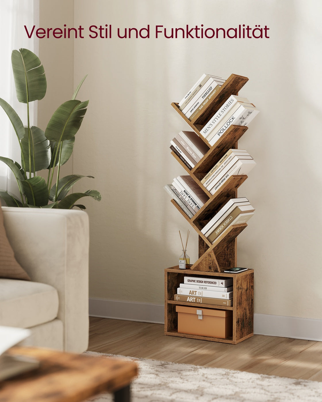 Custos Kollektion - Bücherregal in Baumform 20,3 x 38 x 123,2 cm für platzsparende Aufbewahrung vintagebraun