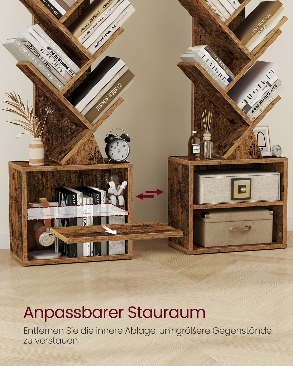 Custos Kollektion - Bücherregal in Baumform 20,3 x 38 x 123,2 cm für platzsparende Aufbewahrung vintagebraun