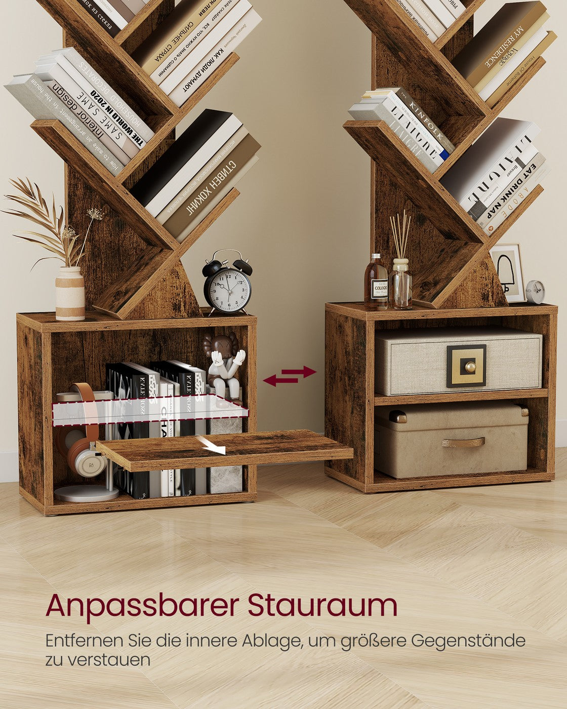 Custos Kollektion - Bücherregal in Baumform 20,3 x 38 x 123,2 cm für platzsparende Aufbewahrung vintagebraun