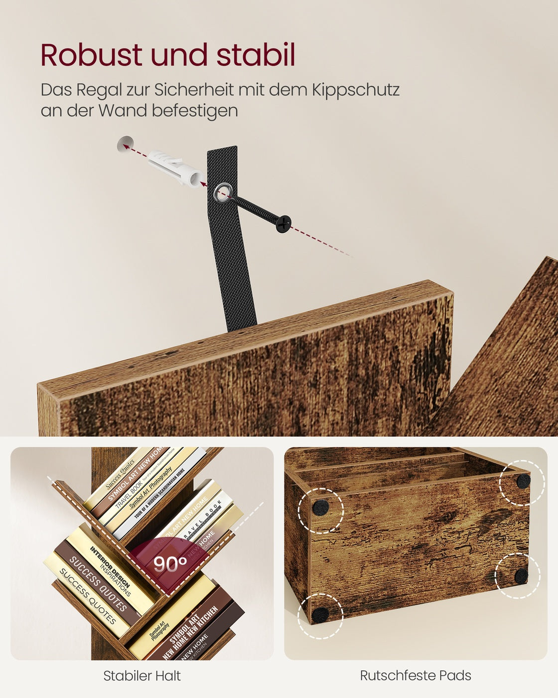 Custos Kollektion - Bücherregal in Baumform 20,3 x 38 x 123,2 cm für platzsparende Aufbewahrung vintagebraun
