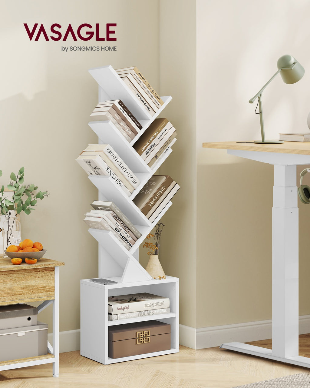 Custos Kollektion - Bücherregal in Baumform 20,3 x 38 x 123,2 cm für platzsparende Aufbewahrung wolkenweiß