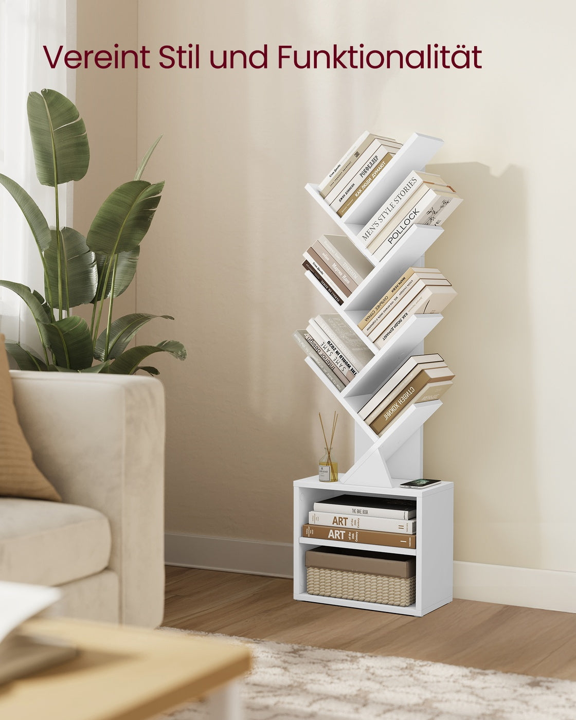 Custos Kollektion - Bücherregal in Baumform 20,3 x 38 x 123,2 cm für platzsparende Aufbewahrung wolkenweiß