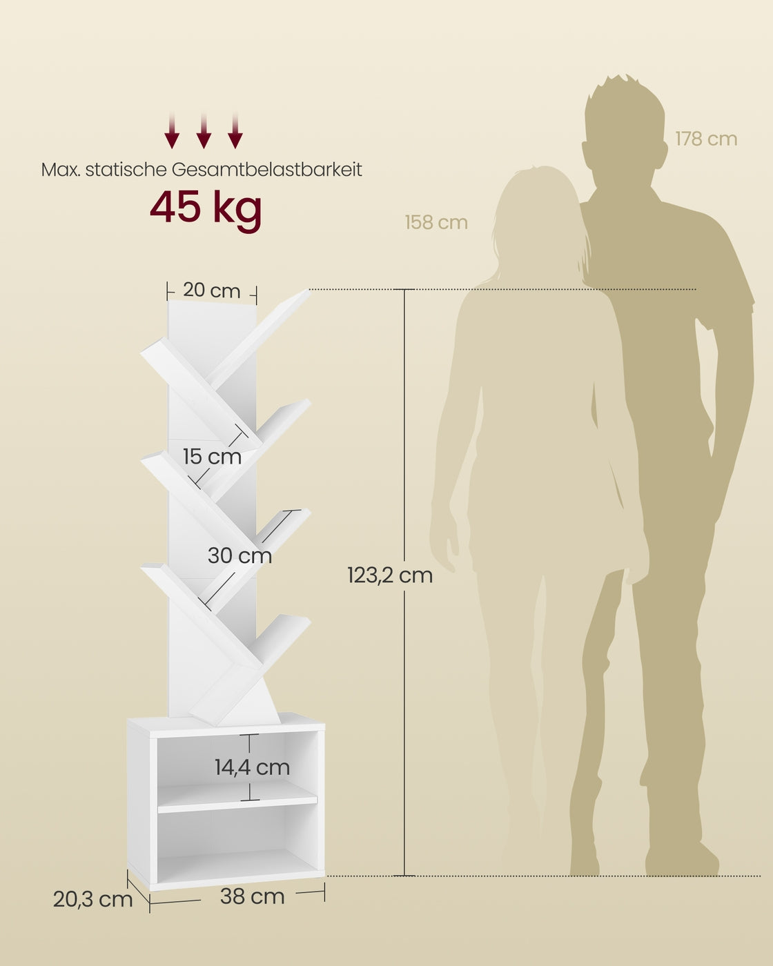 Custos Kollektion - Bücherregal in Baumform 20,3 x 38 x 123,2 cm für platzsparende Aufbewahrung wolkenweiß