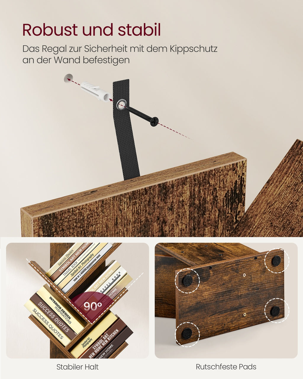 Custos Kollektion - Bücherregal in Baumform 20 x 38 x 115,2 cm für platzsparende Aufbewahrung vintagebraun